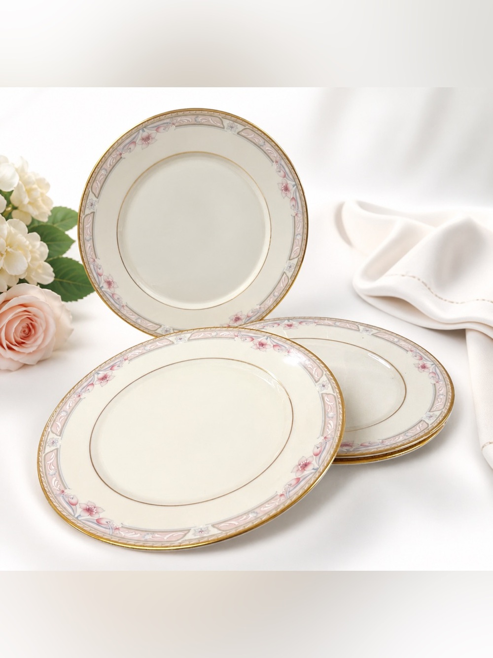 Lenox Bellaire Dinner Plates 10.5” Set 4 Montclair Pink Gold USA 1980s Mint.